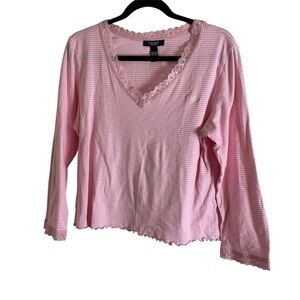 CHAPS SZ XL pink/white Stripe Long Sleeve Shirt W/ Lace Top Blouse